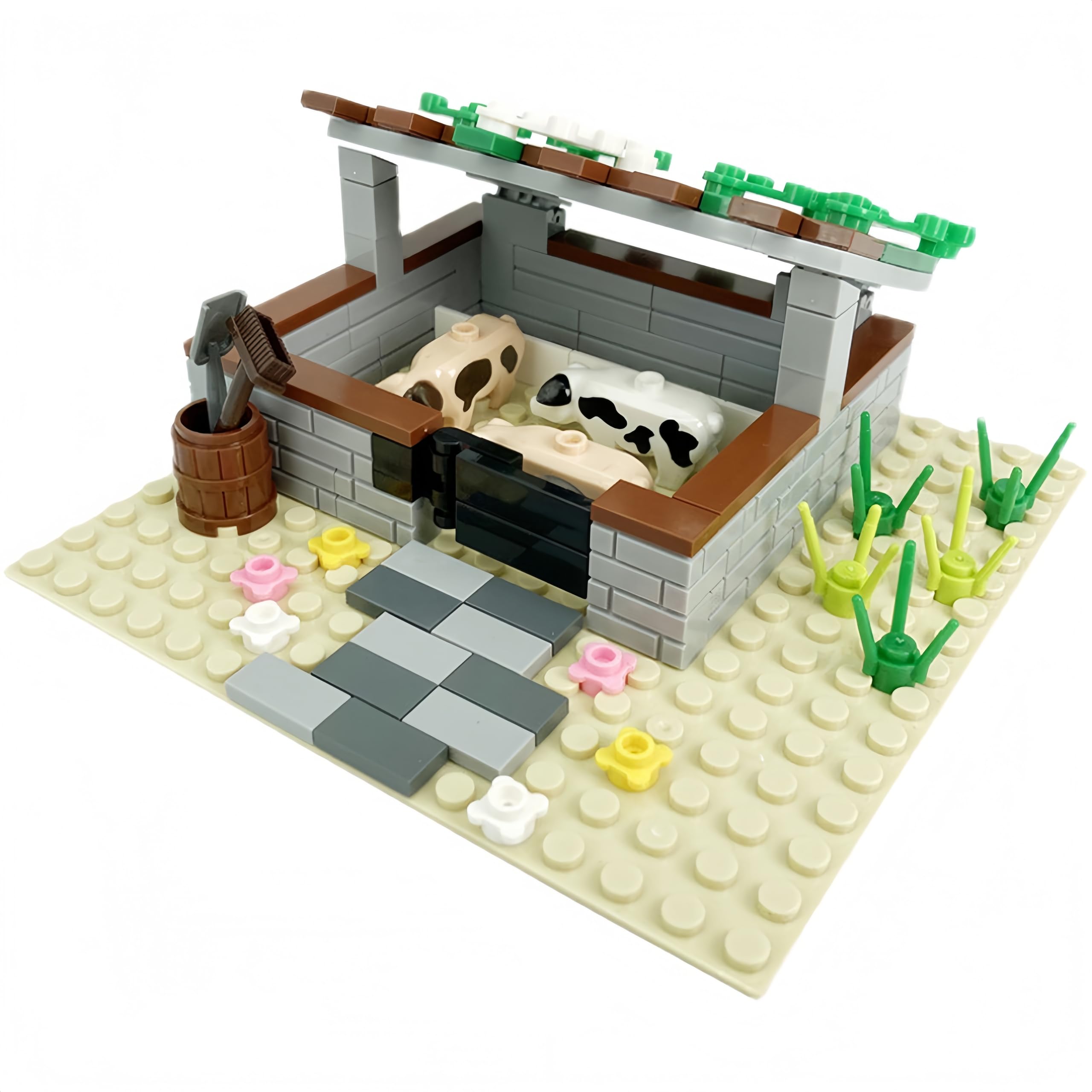 Set di mattoncini da costruzione 4 in 1, stalla, porcile, campo di mais e aiuola, giocattolo da costruzione per bambini dai 6 anni, giocattolo educativo con animali, piante e accessori