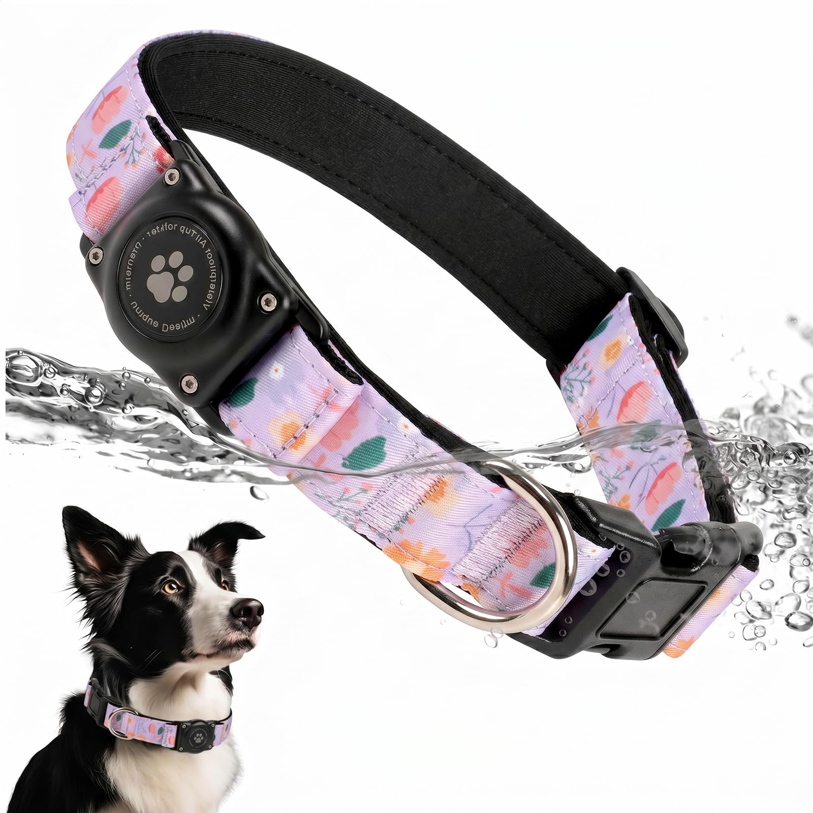 Upgrade Dog Collar with AirTag Holder, IP68 Waterproof, Lavender Garden, M