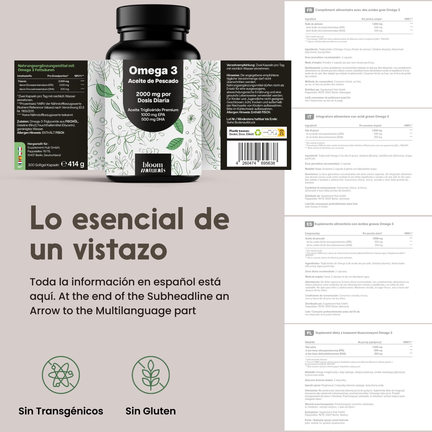 Omega 3 Capsulas – 300 cápsulas – 2000 mg por día – 1000 mg EPA, 500 mg DHA | Sin Sabor a Pescado – Omega 3 Aceite de Pescado – Producido en Alemania, testado en laboratorio, 2000 mg de Aceite de Pescado