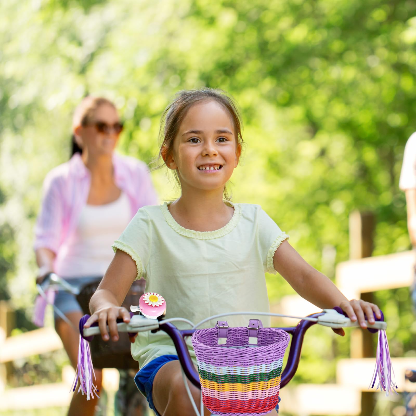 Cestino da bicicletta per bambini, cestino per bicicletta per bambini, cestini per bici rimovibili intrecciati con nappa per bicicletta e campanello, accessori per bici