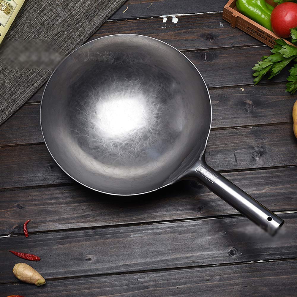 Wok in Acciaio al Carbonio Pre-Regolato Non Rivestito Spesso da 32 Cm, Cucina Tradizionale, Forgiato A Mano, Antiaderente, Cucina Tradizionale