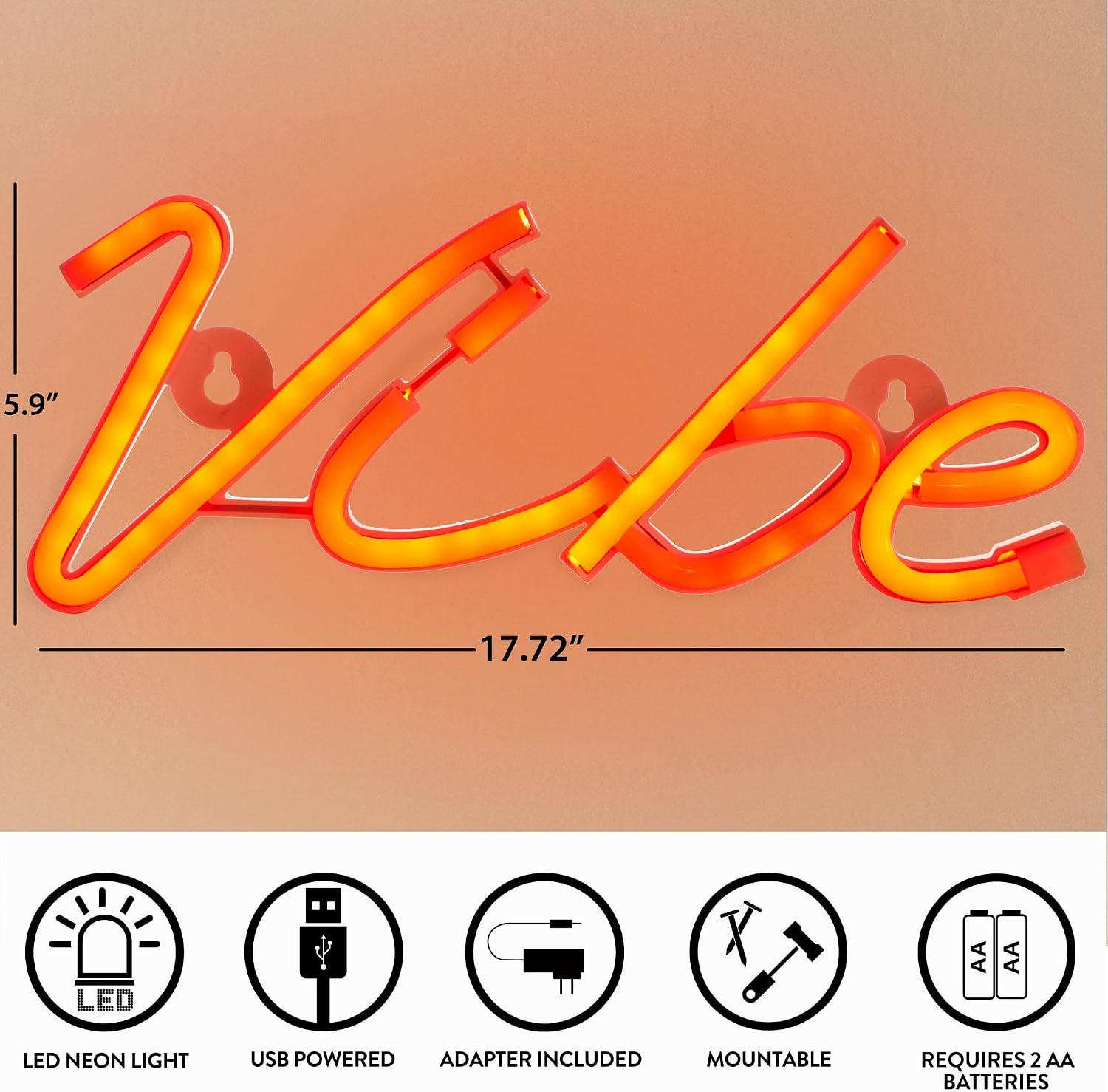 Urban Lifestyle Neon Vibe LED Wall Light with USB Cord and Power Adapter Included, Red image 2