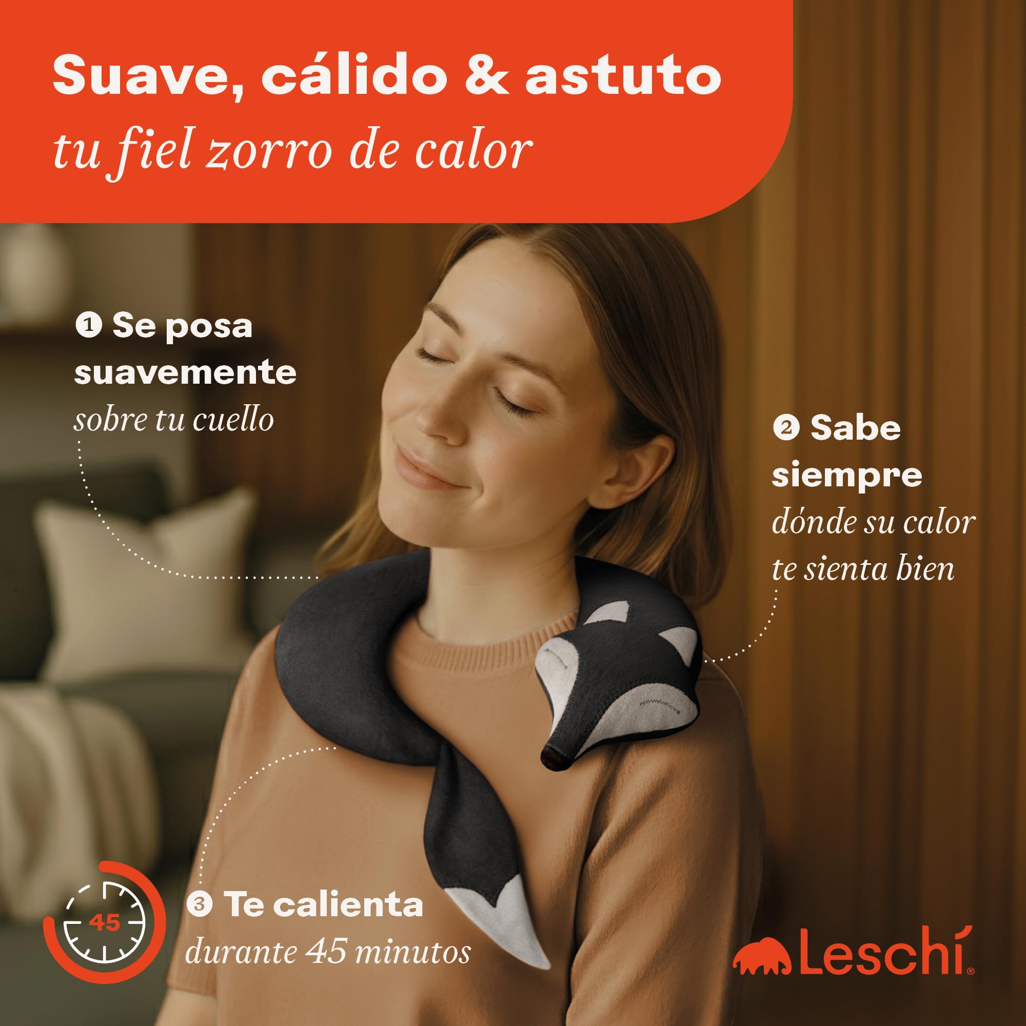 LESCHI Saco Térmico de Semillas para Microondas, de 100% Algodón y Trigo Orgánicos, Bolsa Semillas Microondas ideal para Cuello, Cervical y Espalda, Saco de Semillas en forma de zorro, negro