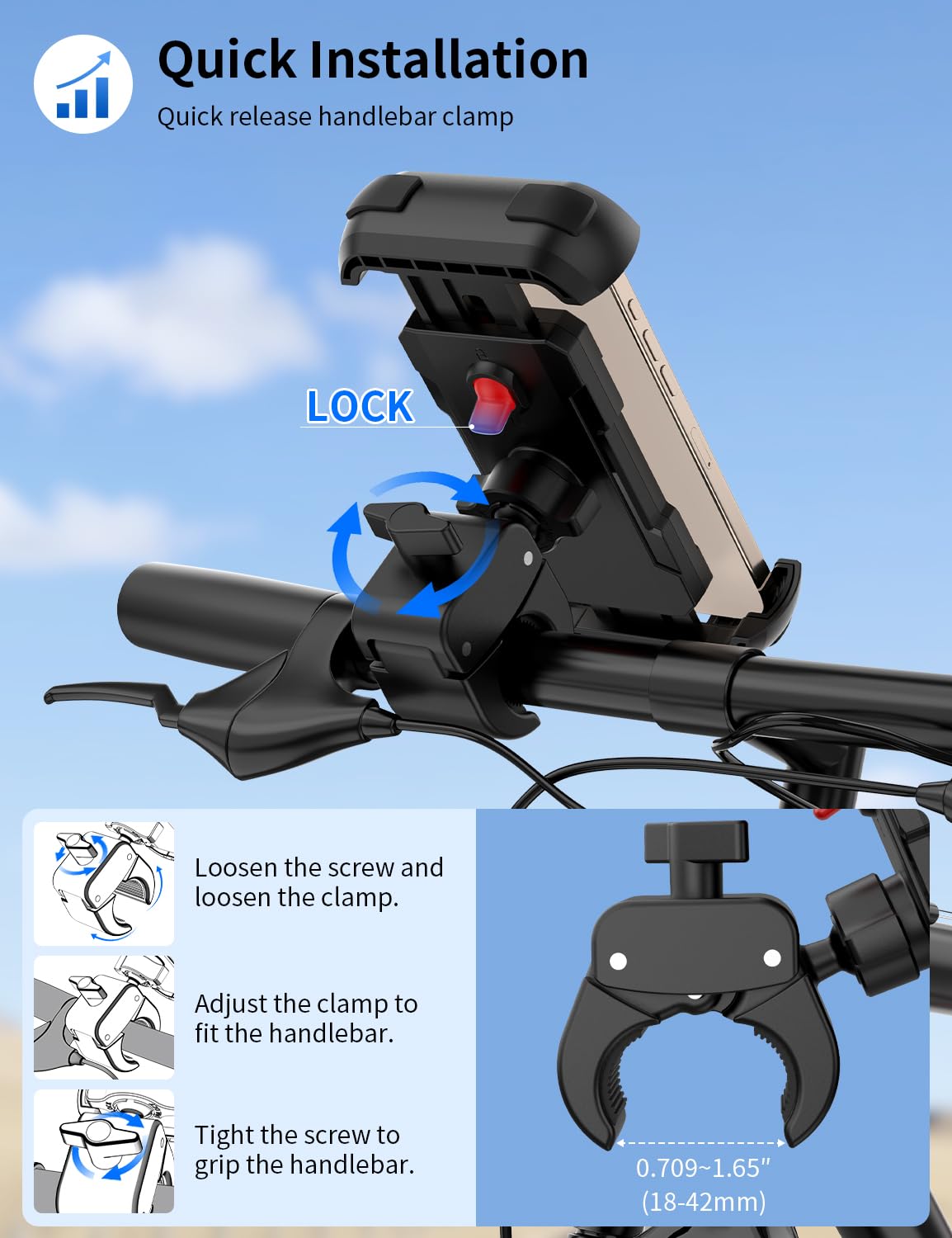 Bike Phone Holder, Motorcycle Phone Mount, [Camera Friendly] [Quick Install] [Double Locked]Clip for Scooter, 360° Rotate Cell Phone Clamp for iPhone 16 15 Pro Max/14/13, Galaxy and More 4.7-7" Phone