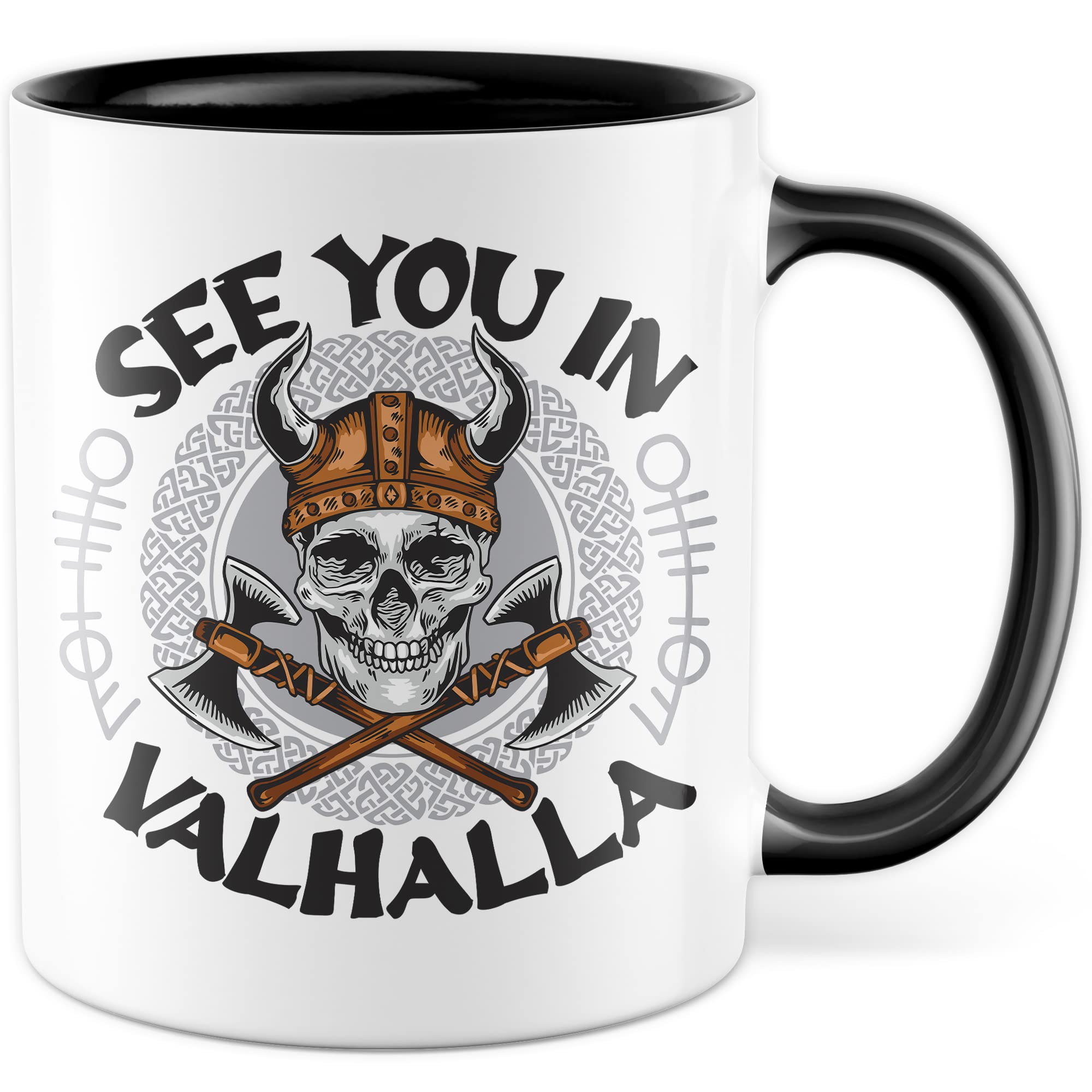 Mug Viking Gift, See You in Valhalla Gift Idea Coffee Mug Coffee Mug with Viking Valhalla Viking Tea Cup Skull Axe (White/Black)