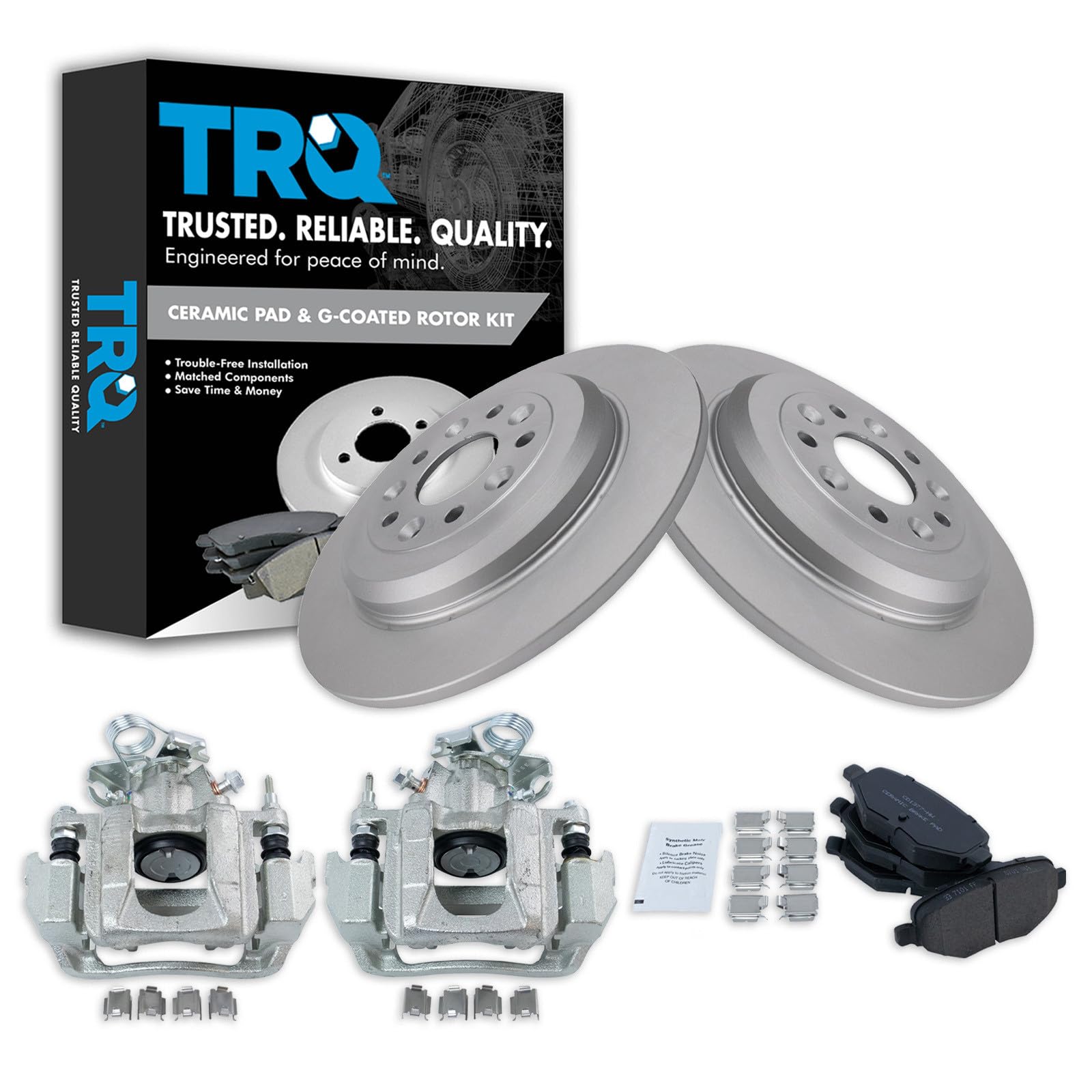 TRQ Rear Brake Pad and Rotor Set Ceramic G Coated Solid Rotors Calipers