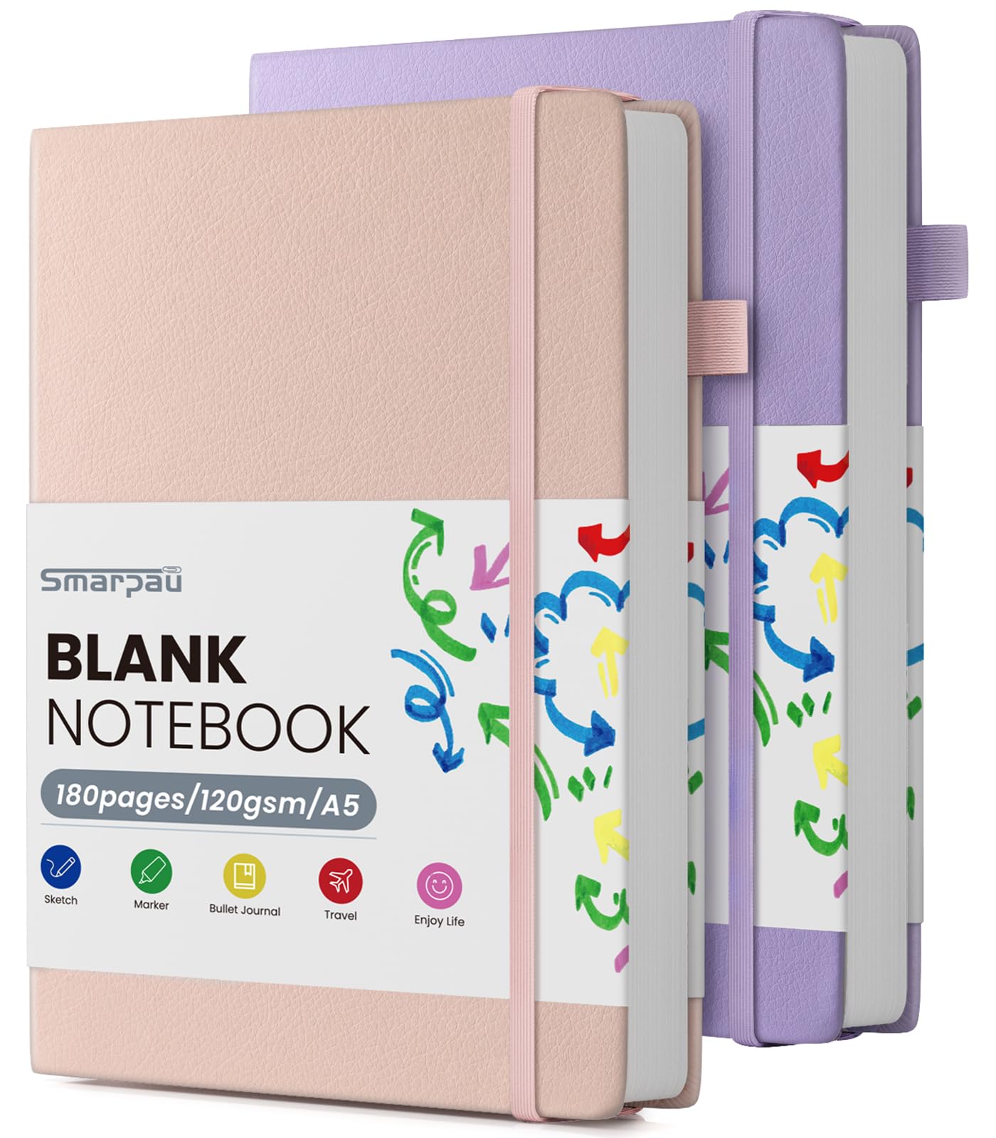 Smarpau A5 Unlinedd Notebook 360 Pages, 2 Pack Leather Plain Journal Notebook with 120gsm Thick Paper, Hardback Blank Note Book for Drawing School Travel - Pink Purple