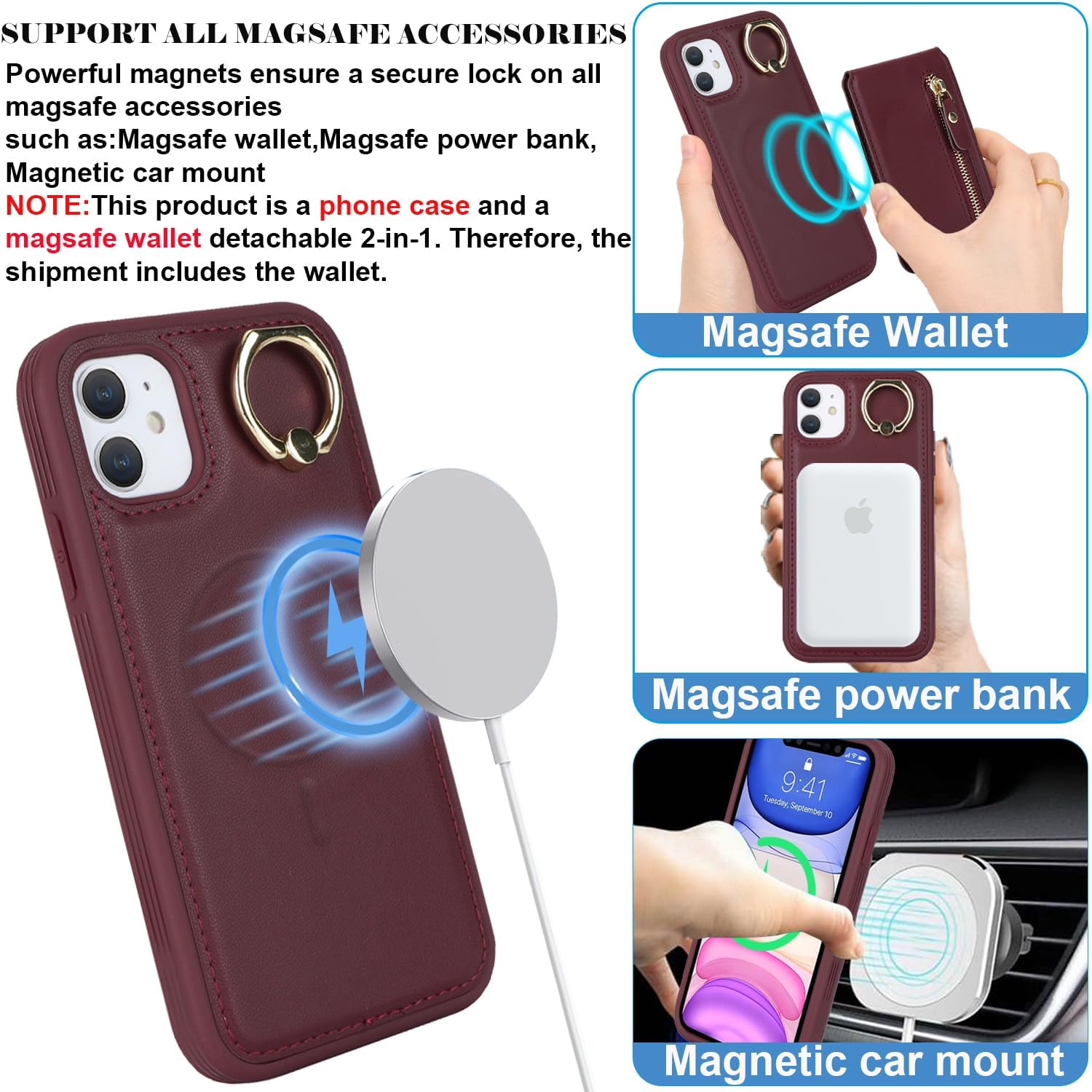 DEYHU for iPhone 11 Phone case with Card Holder with Compatible magsafe Magnetic, Key Chain PU Leather Flip Kickstand Detachable 2-in-1 Wallet case for Apple11 Women Men-Red Wine