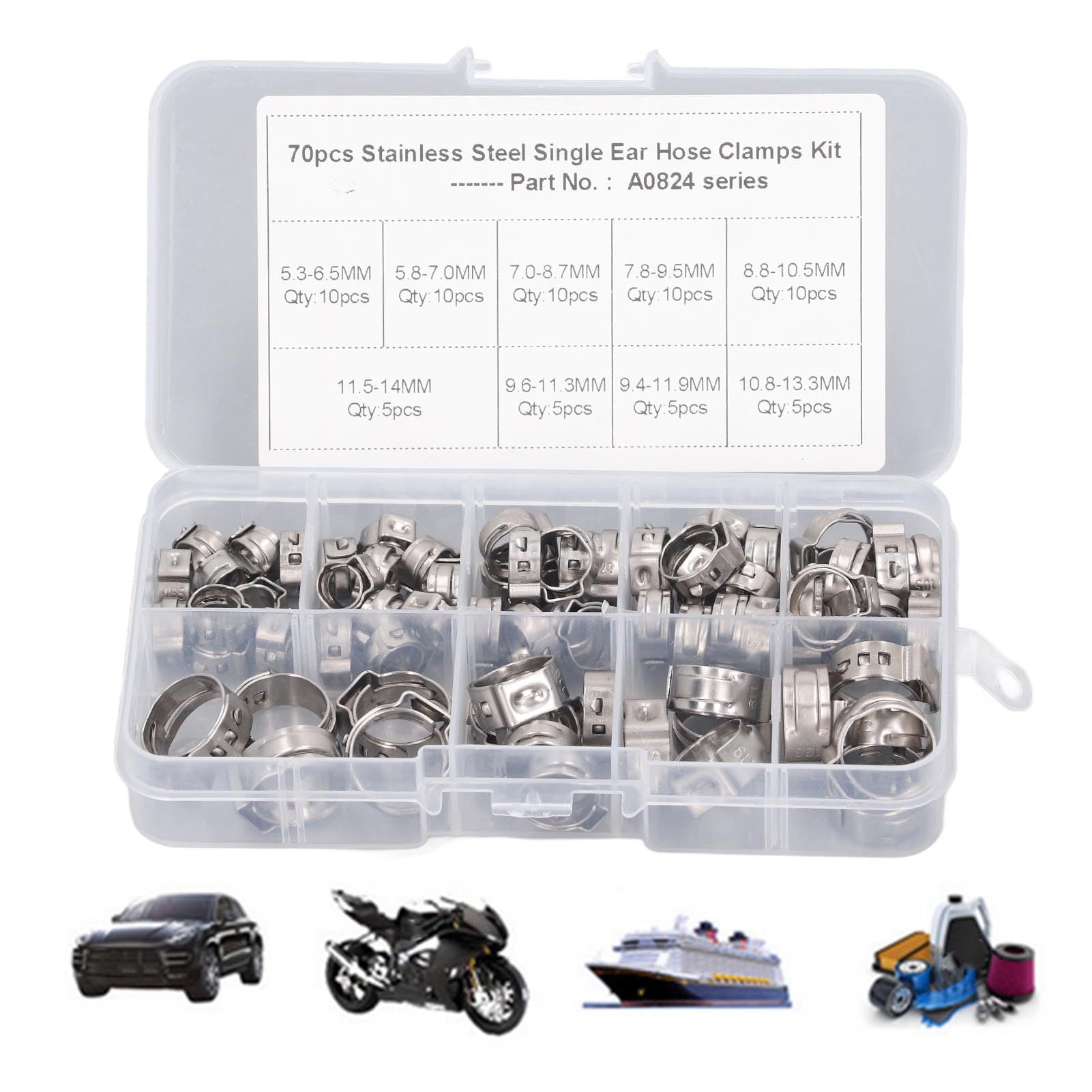 Kit de abrazadera de una sola oreja, 70 piezas de abrazadera de manguera de una sola oreja, kit de abrazadera de manguera de acero inoxidable sin escalonamiento, 9 especificaciones, kit surtido de