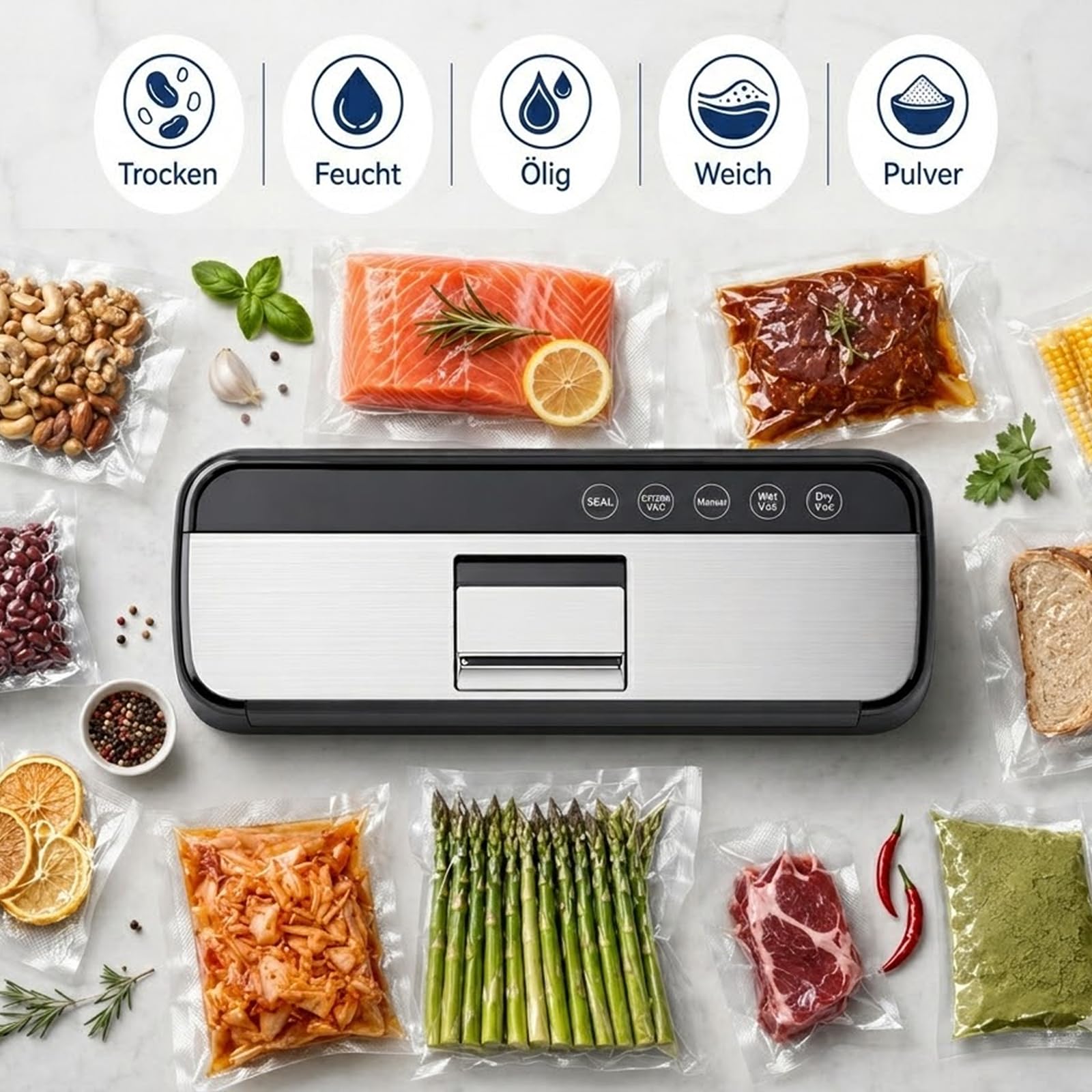 Envasadora al Vacío para Alimentos, Selladora al Vacío Automática con 15 Bolsas, Máquina de Sellado para Alimentos Secos y Húmedos, Vacuum Sealer con Doble Bomba y Sellado de 31 cm