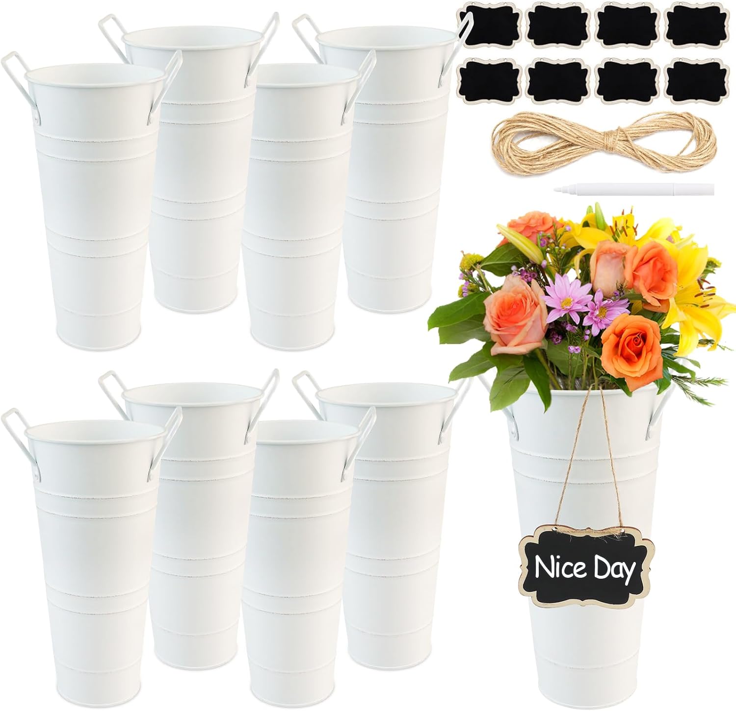 8 Pcs Galvanized Flower Bucket,Metal Vases for Flowers 10 Inch High,Flower Buckets for Flower Bar,Flower Bar Buckets Set Including Metal Flower Buckets,Liquid Chalk,Wooden Chalkboard,Hemp Rope