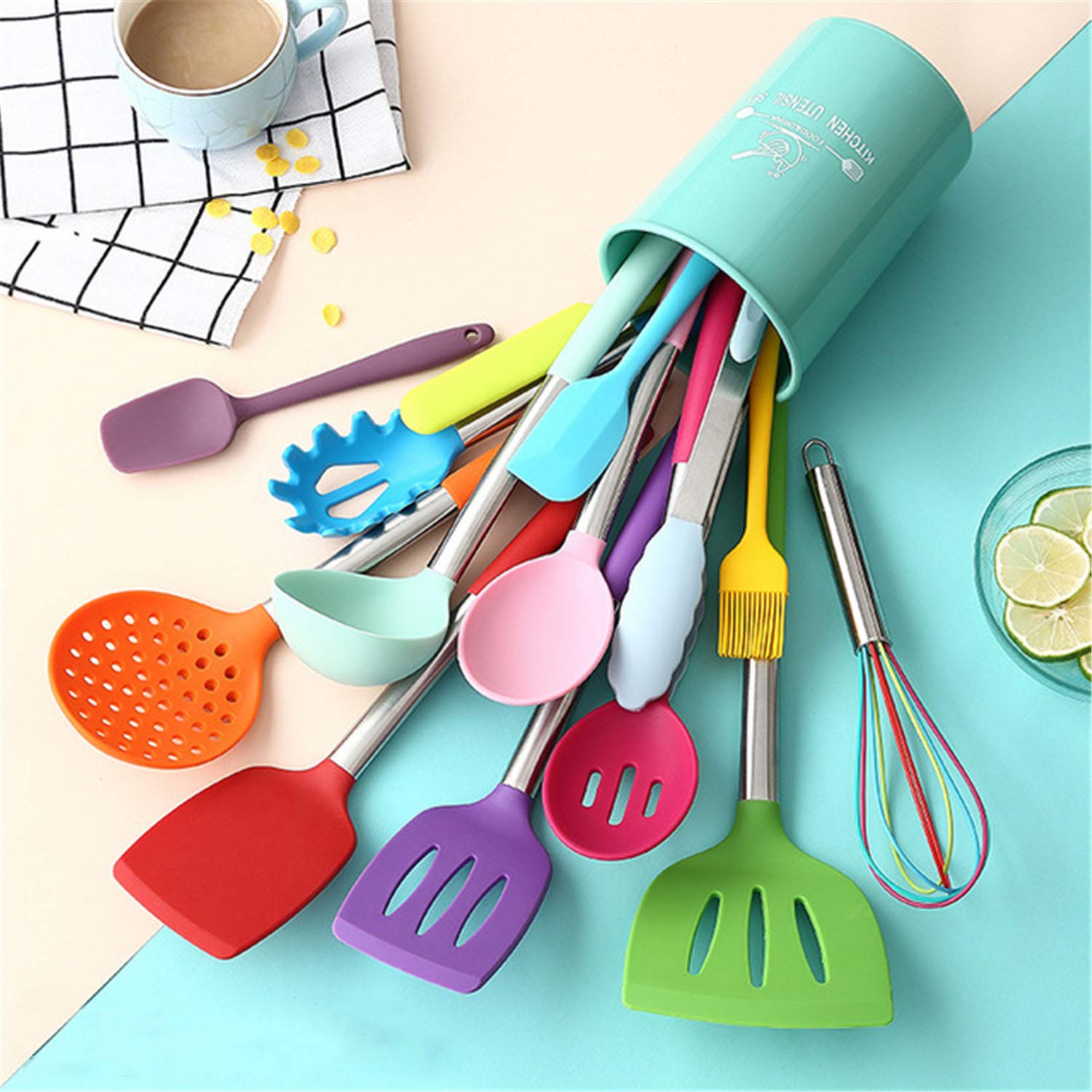 Utensilios de Cocina de Silicona Juego de Utensilios de Cocina - 446 ° F Mangos de Madera Resistentes al Calor Utensilios de Cocina Grises Juego de Utensilios de Cocina Antiadherente (Colorido-19pcs)