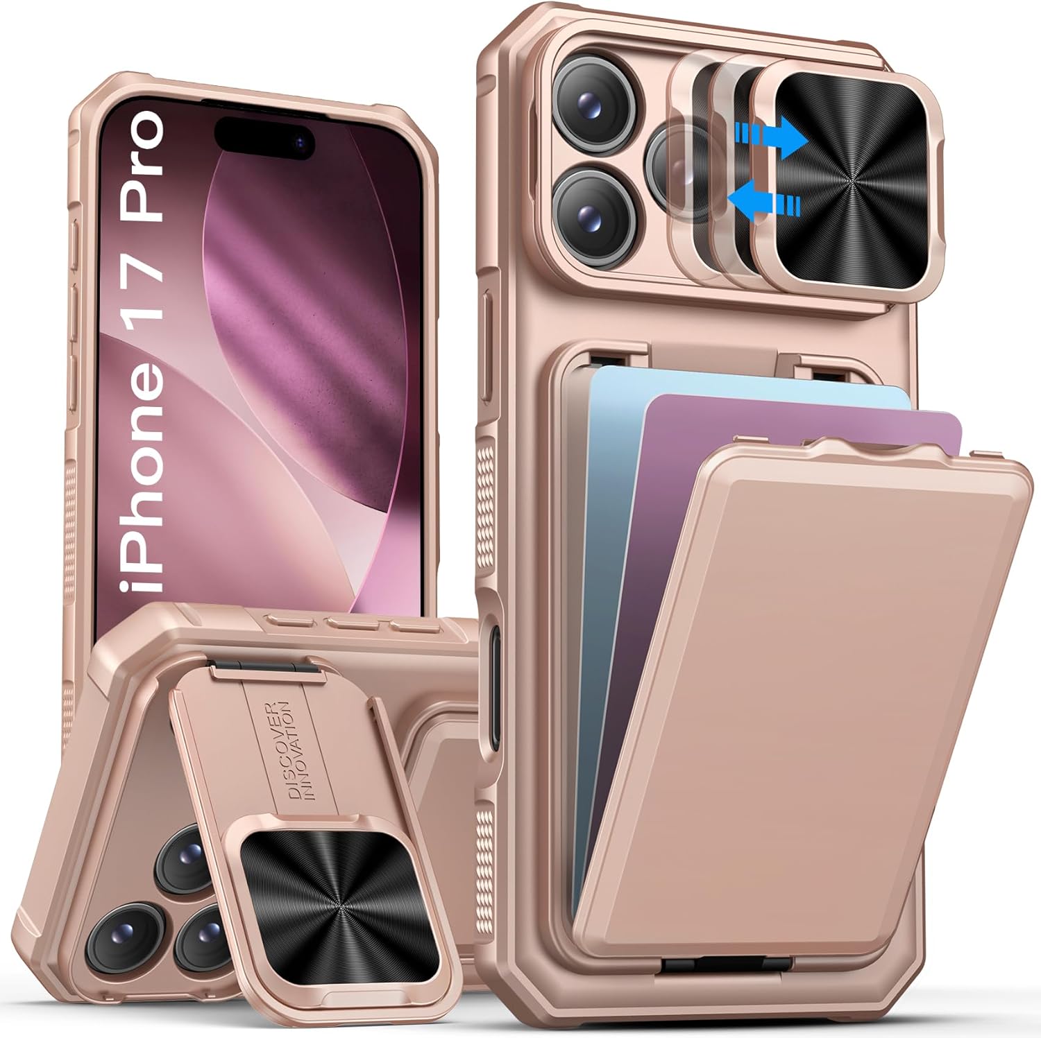 sslotscase for iphone 17 pro case with wallet & sliding lens cover & kickstand & credit card holder & camera stand, military-grade protection hard phone case cover for iphone 17 pro 6.3'', rose gold rose gold iphone 17 pro