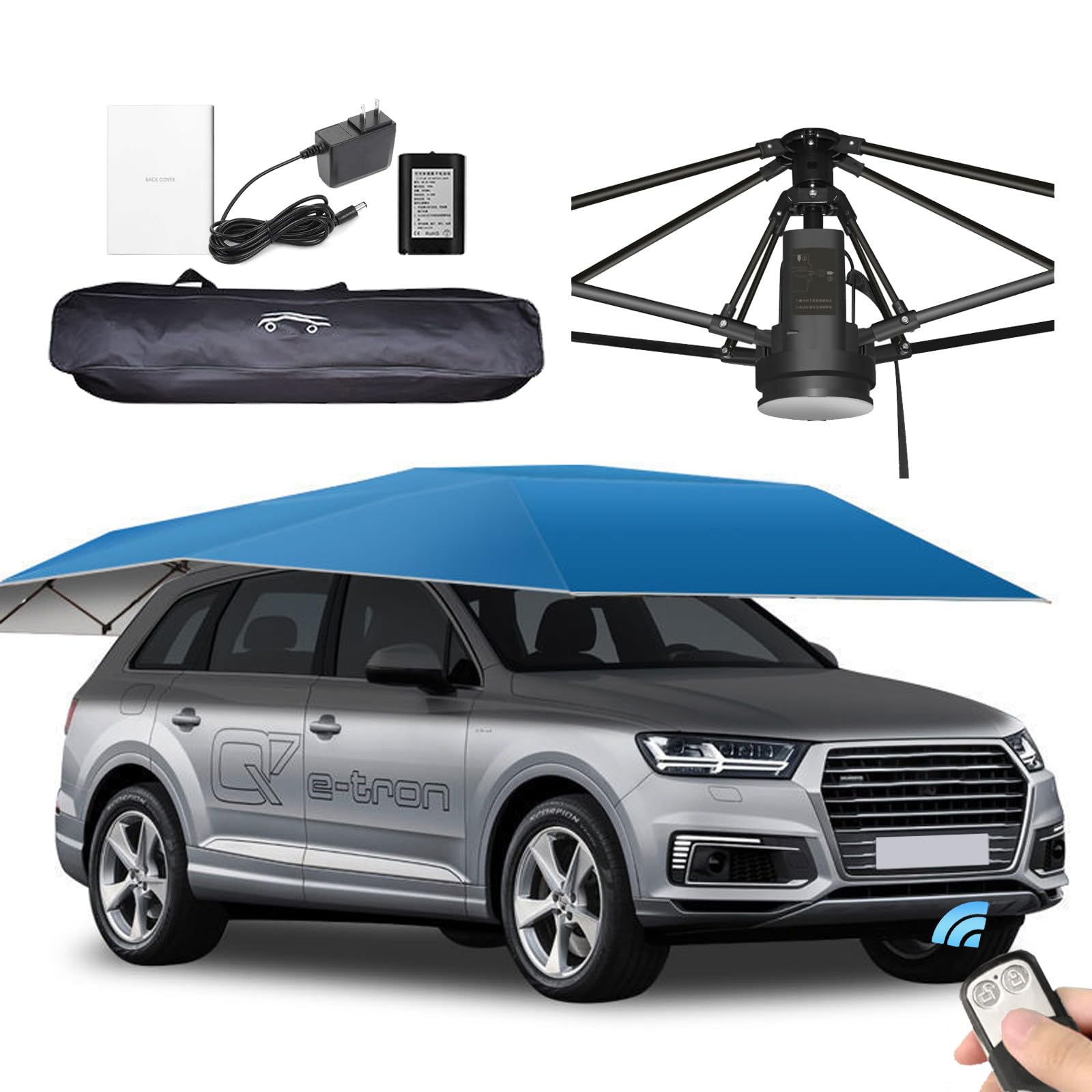 Fablestoryem Universal Car Tent Movable Carport, Car Umbrella Sun Shade Cover Tent, Folding Car Awning, Automatic Car Cover, Remote Control Automatic, Outdoor Use,Navy Blue-4.8m/189''