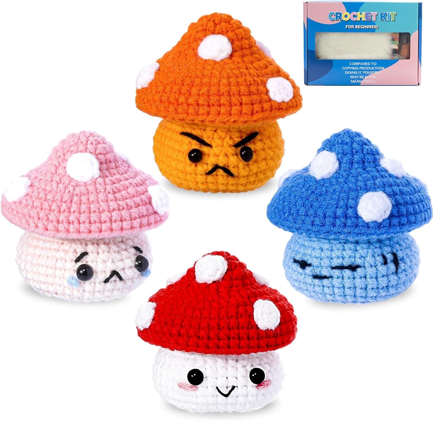 20 Pcs Crochet Kit for Beginners,Cute Mushroom Wobbles Crochet Kit with Step-by-Step Tutorials,Amigurumi Craft Mushroom Crocheting,for Adults Beginners Crocheting Yarn Easy at Home(Four Colors)