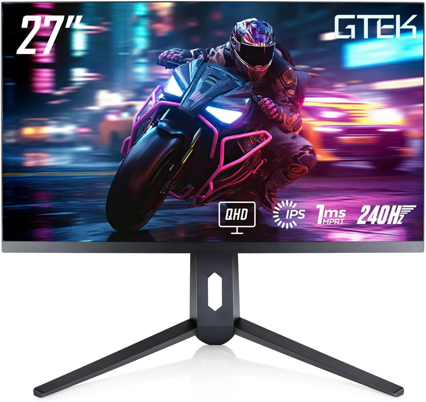 GTek 27" 2K QHD 2560ร1440p Gaming Monitor, 240Hz Refresh, 1ms MPRT, Fast IPS, HDMI DisplayPort, Frameless Design, Adjustable Stand, Perfect for Gaming, Streaming & Productivity