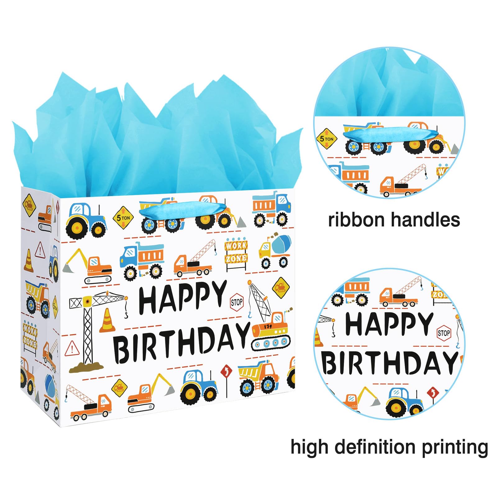 Laidans 13" Large Happy Birthday Gift Bag for Baby Boy Kids with Tissue Paper and Card (Construction Vehicle)