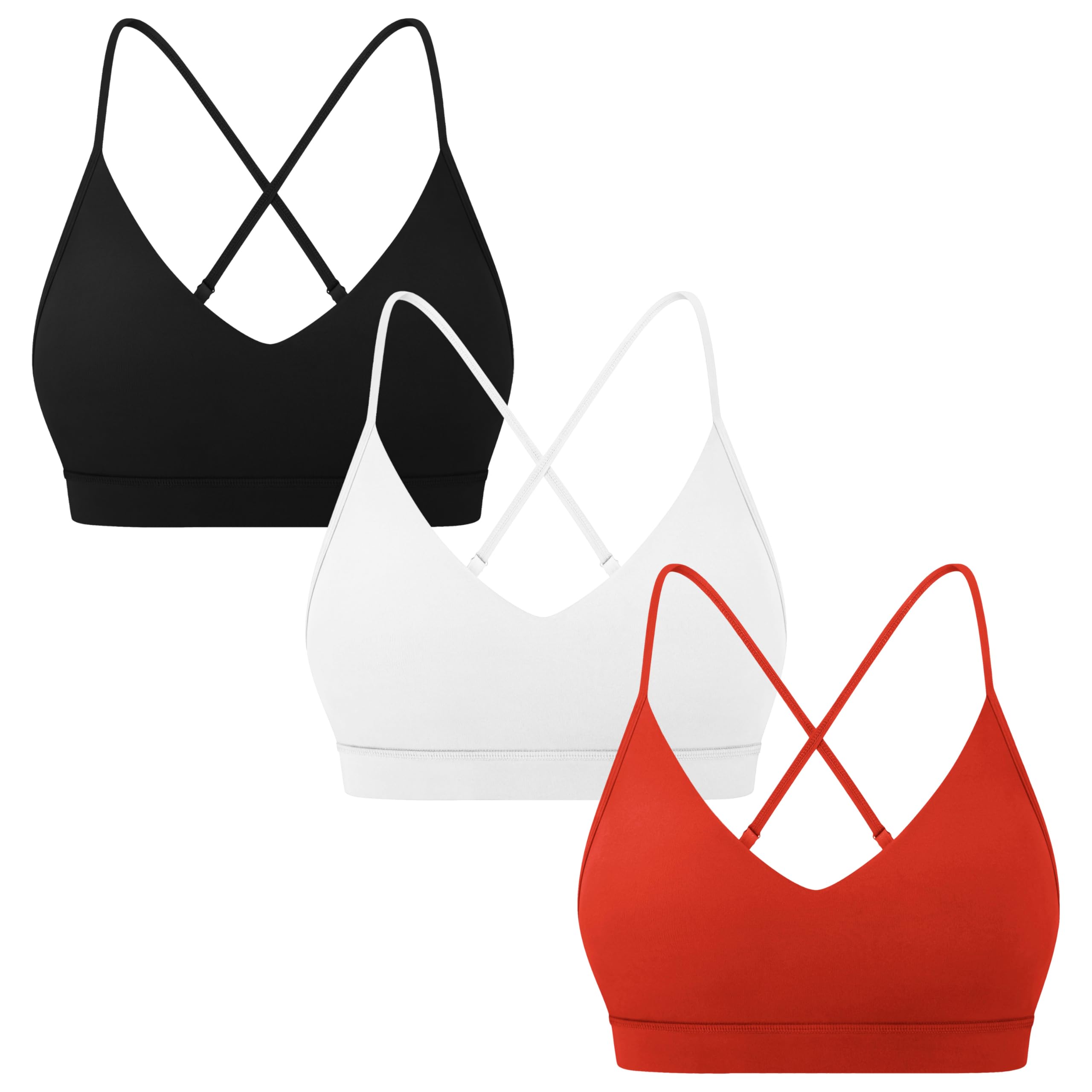3-Pack Padded V-Neck Sports Bras for Women - Adjustable Spaghetti Thin Straps Workout Yoga Top