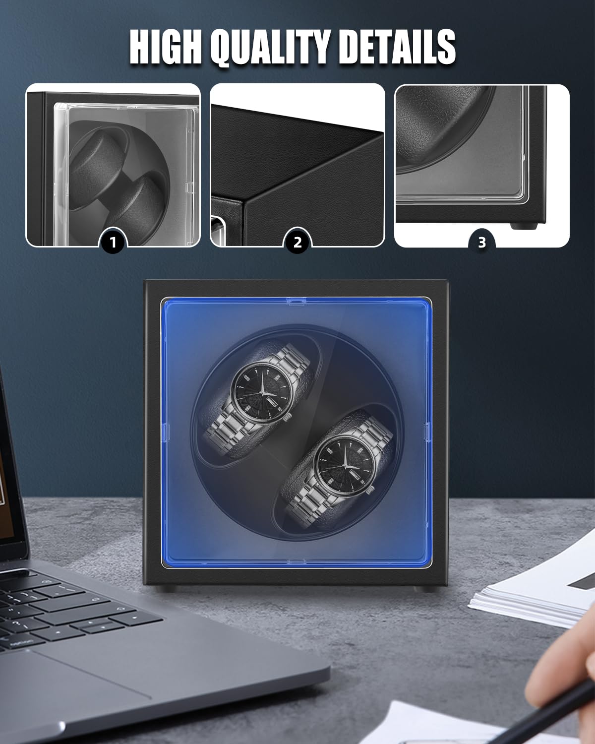 Mxmoonant Cajas Giratorias para 2 Relojes, 5 Modos de Rotación con Motor Silencioso y luz LED, Alimentación por Adaptador de CA y Batería, Silencioso y Elegante