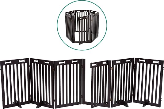 Arf Pets Freestanding Dog Gate with Door, 6 Panel 360 configurable Wooden Fence, 120" Wide, 31.5" Tall, Foldable, Four Support Feet Included, for The House - Indoor Use