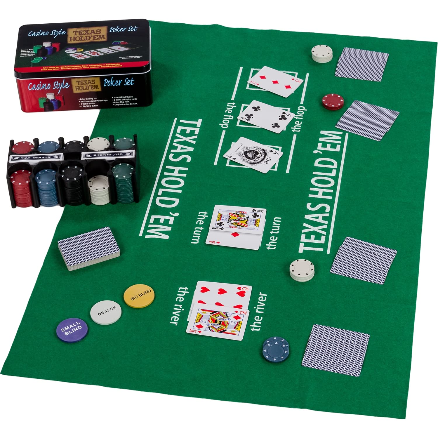 GAMES PLANET Pokerset in Metallbox, 200 Poker Chips, 2 Decks, Dealer Button, Small Blind, Big Blind, Spielmatte Texas Holdem