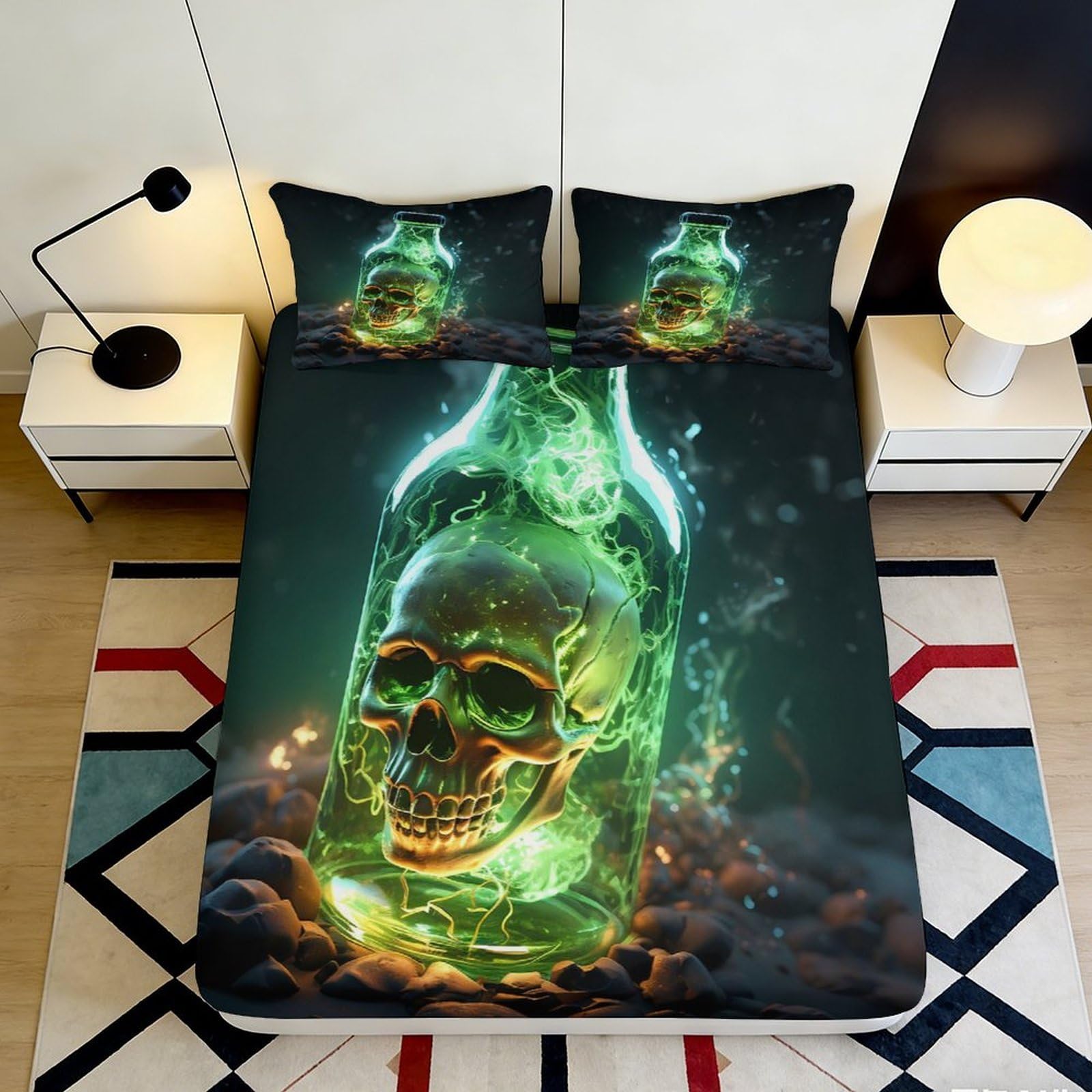 3D Printed Skull Fitted Sheet Microfiber Deep Pocket Bedroom Bedding Set Skull Mattress Fitted Cover Non-Slip Washable Full Wrap 90x200x25cm