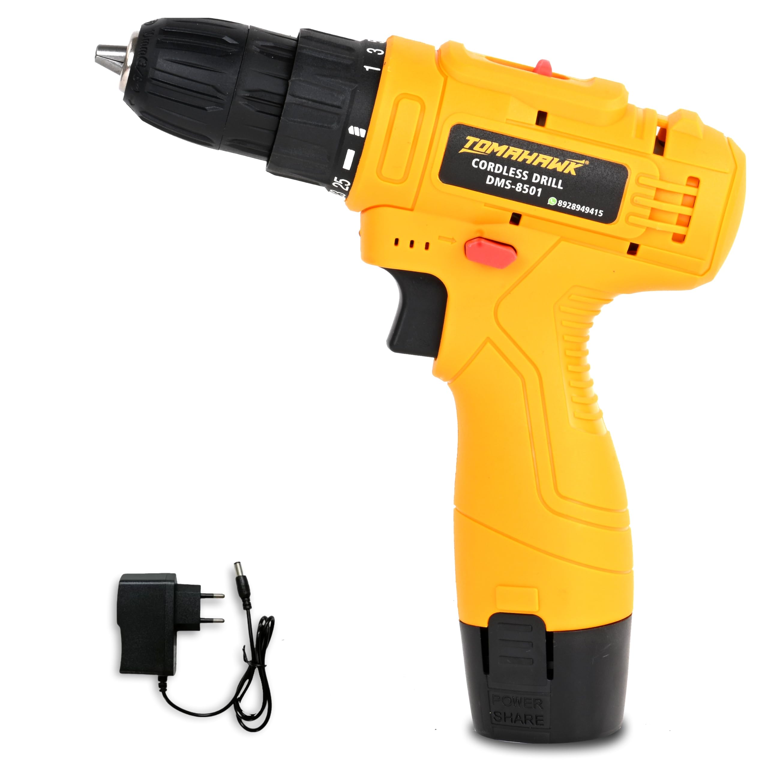 Tomahawk DMS-8501 12V Cordless Drill/Screwdriver | 10mm Keyless Chuck | 2-Speed 350/1350 RPM | Single Battery | LED Light, 28Nm Torque | Ideal for DIY, Home, Wood & Metal Drilling