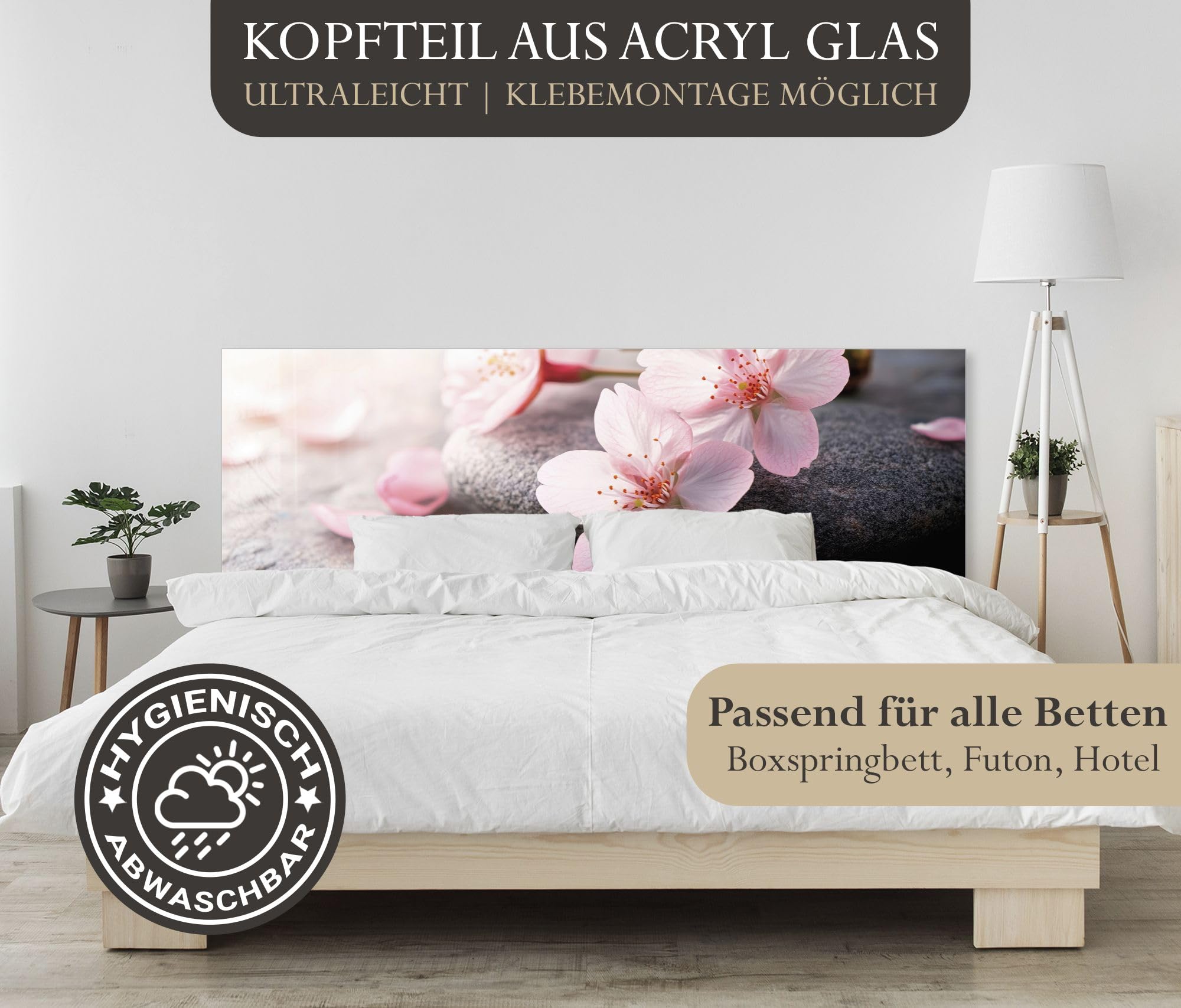 timalo Kopfteil fürs Bett 200 x 58 cm | Rosa Kirschblüten auf Stein, Wellness, Beauty | Bettrückwand/Wandschutz – Acrylglas 2 mm – Elegantes Wandpaneel fürs Schlafzimmer Bett