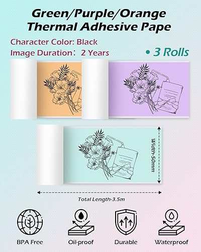 Miniatura 2 de Phomemo Papel adhesivo térmico de 1.969 in de ancho, papel de impresora naranjamoradoverde, compatible con Phomemo T02M02M02SM02 PROM04SM04S04AS