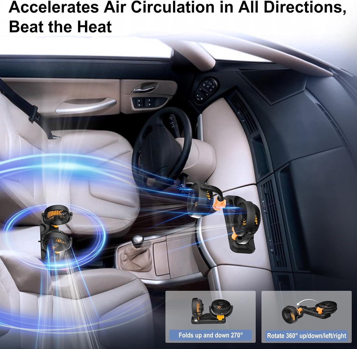 Qidoe car fan plugged into a 12V cigarette lighter socket on a car dashboard, showing 360-degree rotation capability.