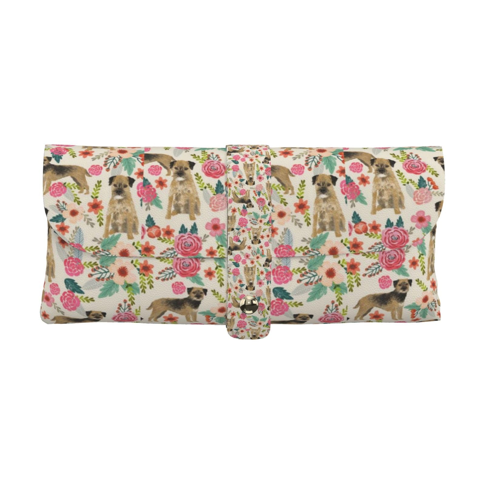 Poadnly Border Terrier Florals Cream, Portable Eyewear Case Soft Eyeglasses Bag Anti-Scratch Spectacles Sleeve Pu Leather Sunglasses Case