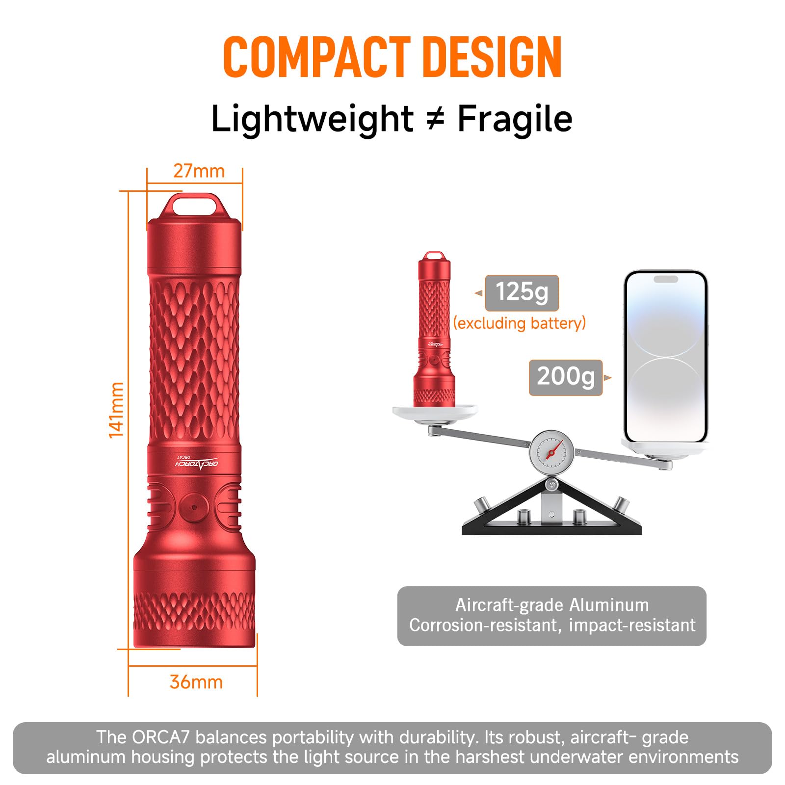 ORCATORCH ORCA7 Lampe de Plongée 3000 Lumens, Phare Sous-Marin à Faisceau Étroit 6° avec Mode SOS, Étanchéité IP68 150m pour Plongée de Nuit, Spéléologie et Plongée Technique (Rouge)