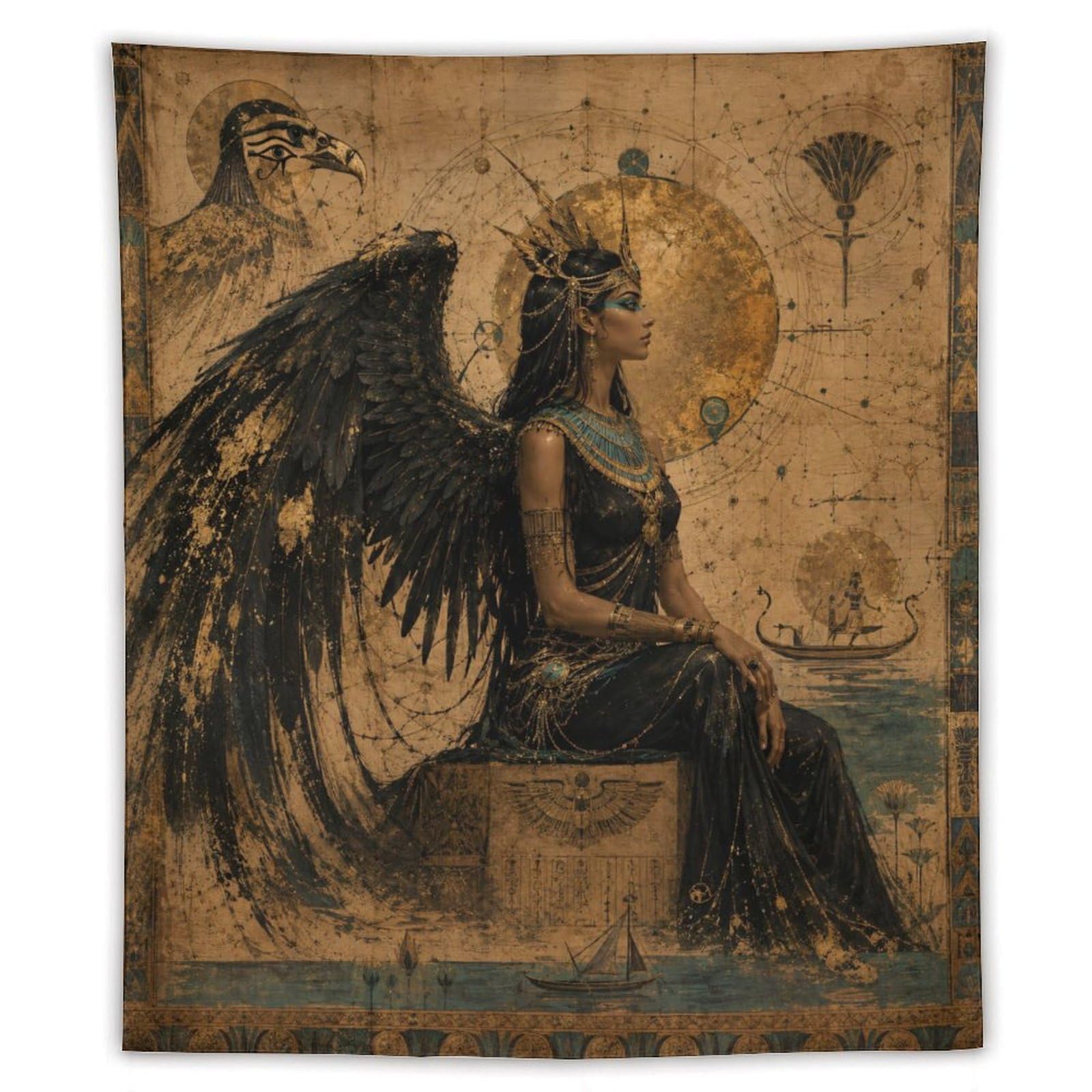 W7C8U2X3 Egyptian Winged Goddess Seated Wall Tapestry, Symbolist Art Style