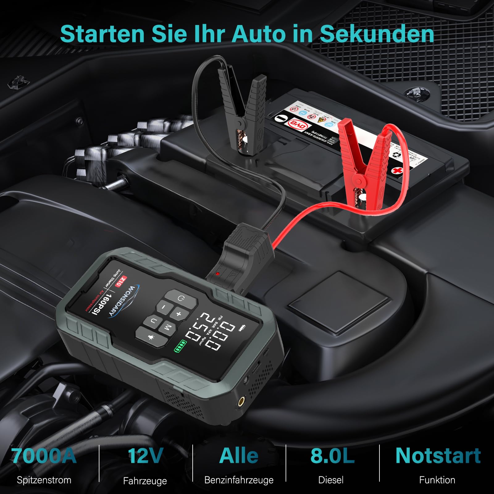 7000A Starthilfe Powerbank für PKW mit 160 PSI Kompressor | 27000 mAh Auto Starthilfe Powerbank für Alle 12V Benzin- & bis zu 8.0L Diesel motoren,4 LED-Lichter,Notfallset für Auto