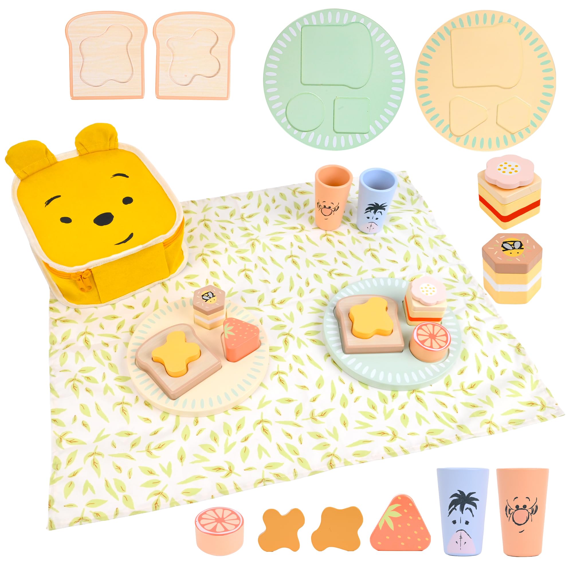 Disney Winnie the Pooh Wooden Picnic Set for Kids – Pretend Play Food Toy with Backpack, Blanket, Cups and Plates – Toddler Role Play Toy for Imaginative Play & Motor Skills – Ages 2+