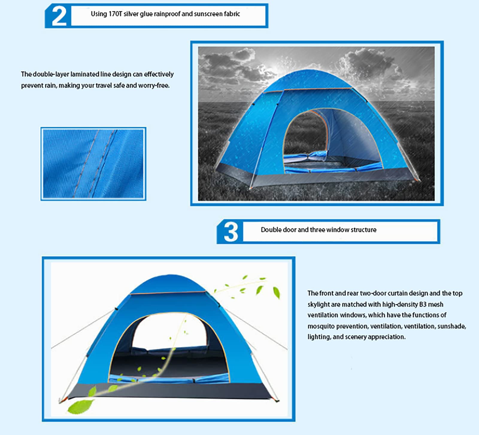 Tenda da spiaggia pop-up, tessuto Oxford 210D, due porte, ben ventilata, adatta per 2-3 persone, ideale per escursioni, campeggio e gite in spiaggia