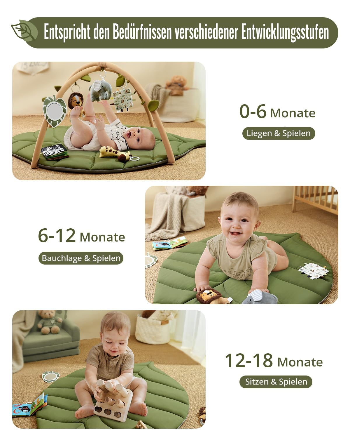 Blissful Diary Spielbogen Baby, Übergroßes Blattförmiges Spieldecke Baby Gym Activity Decke mit 6 Abnehmbare Spielzeuge, krabbeldecke Unverzichtbare Babygeschenke, Waldgrün