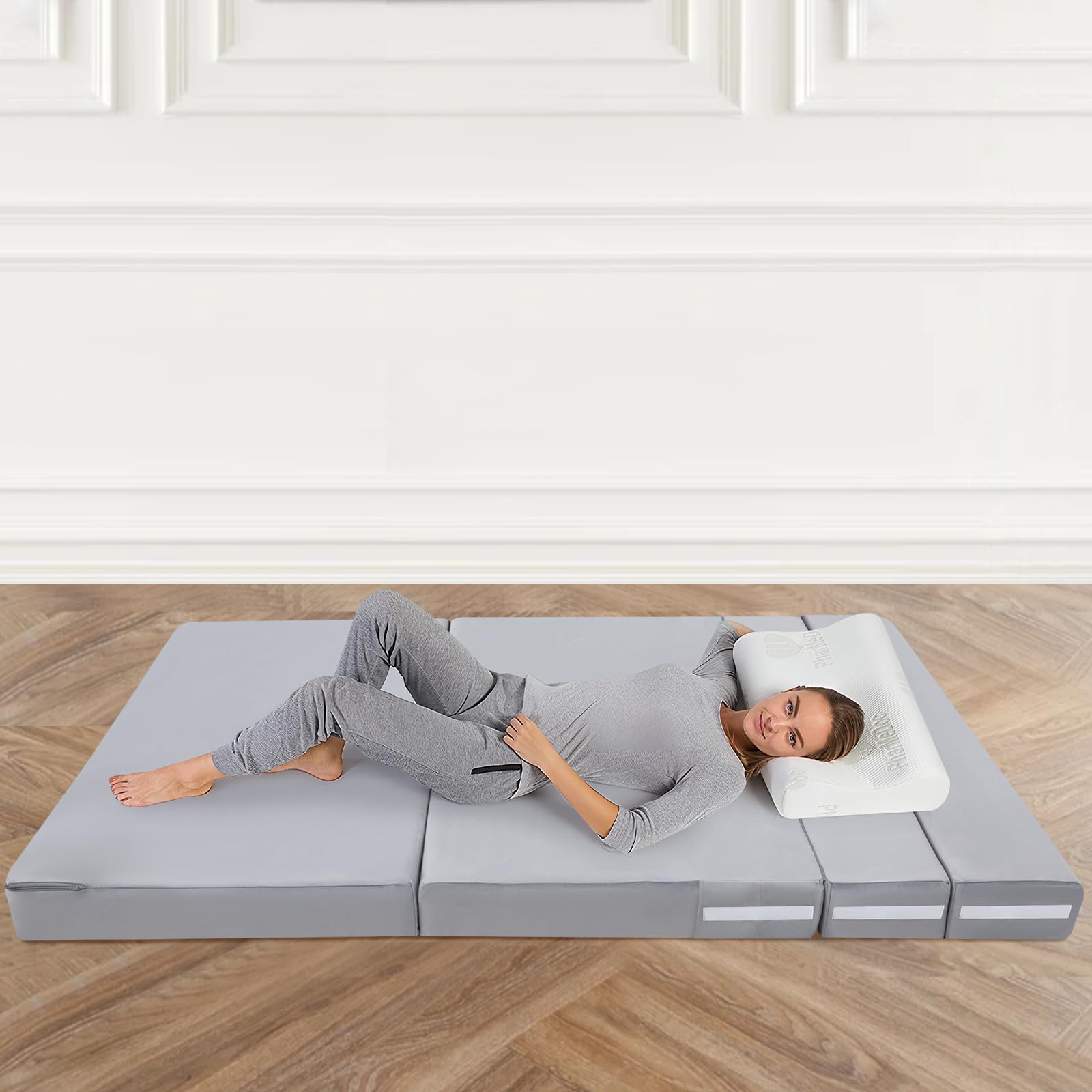 MeMoreCool Faltbare Klappmatratze, Hochdichter Schaumstoff Schlafsofa, Boden-Futon-Matratze, 4-teilige Gästematratze Gästebett Klappbar, Klappmatratze Sessel, Faltmatratze 120x195cm, Hellgrau