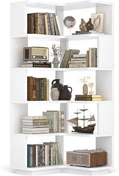 Besiost Corner Book Shelf, 6-Shelf Corner Bookshelf for Small Corner Spaces, L-Shape Bookcase Corner Display Shelf for Home Office, Living Room, Bedroom, White