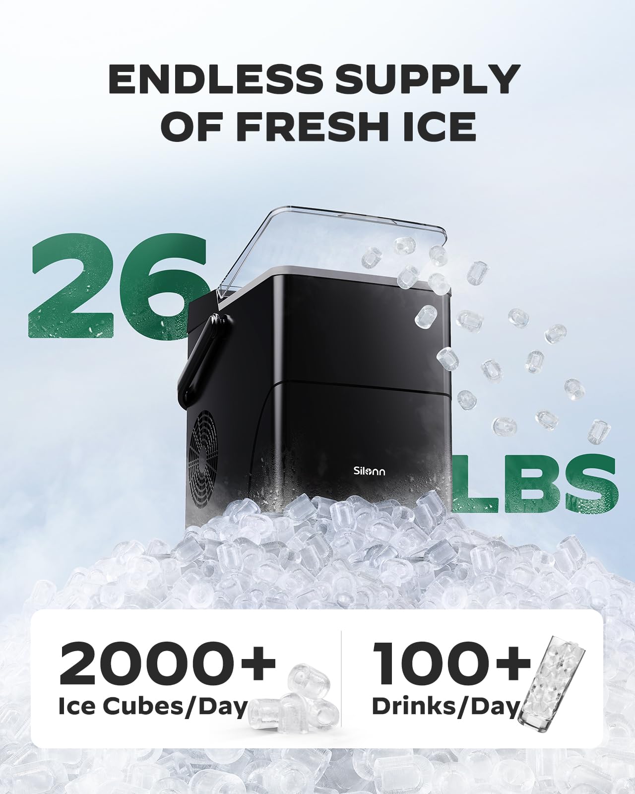 Silonn Countertop Ice Maker with Expanding Ice Basket, 9 Cubes in 6 Mins, 2.5L Ice Basket, Self-Cleaning Ice Maker with LED Touch Control, 2 Bullet Ice Sizes for Home, Kitchen, Office on Fridge.com