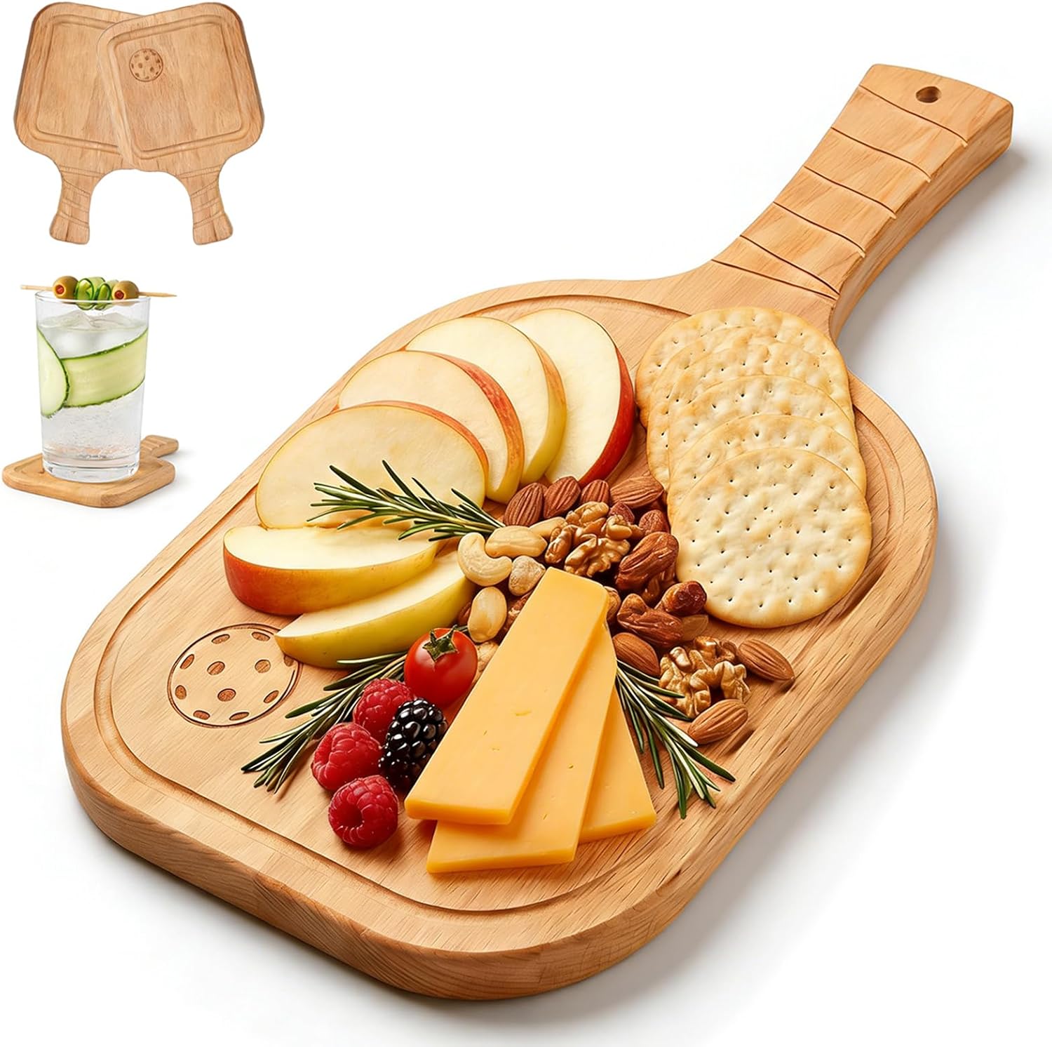 Pickleball Charcuterie & Cutting Board Set, 17" Paddle-Shaped Cheese Board with 2 Coasters, Unique Pickleball Gift for Women, Men & Pickleball Lovers (1 Set)