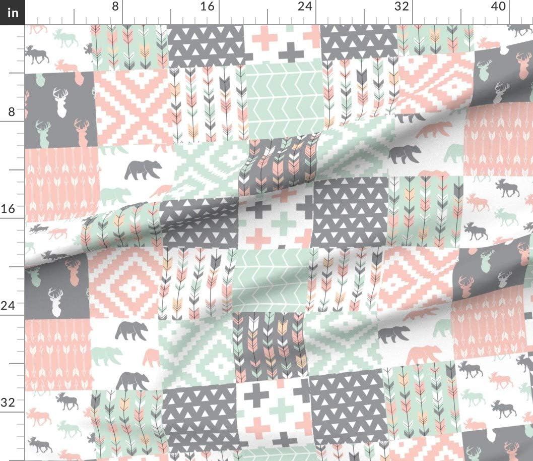 Spoonflower Fabric - Willow Woods Patchwork Quilt Top Pink Gray Mint Woodland Girl Bear Printed on Petal Signature Cotton Fabric by The Yard - Sewing Quilting Apparel Crafts Decor