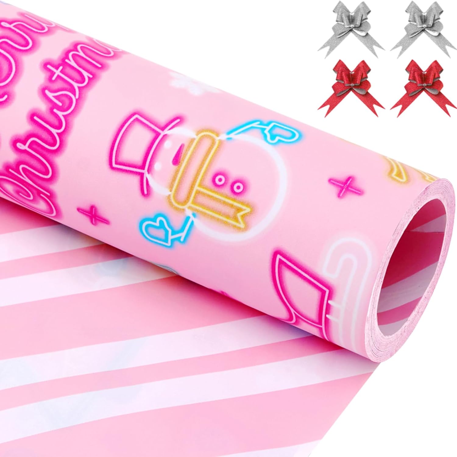 EWES Pink Christmas Wrapping Paper Rolls Set,Girl Neon Cute Funny Gift Wrap