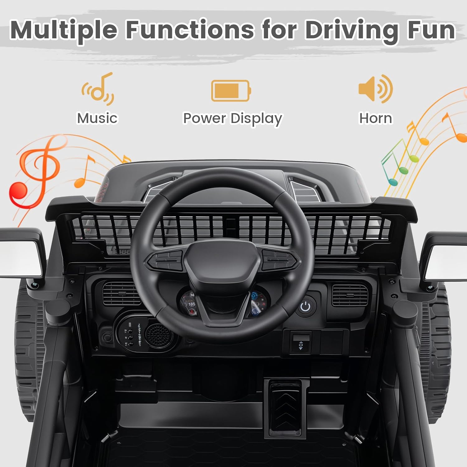 OLAKIDS 12V Ride On Truck, Battery Powered Electric Vehicle for Kids with Remote Control, Foldable Reflective Mirror, Spring Suspension, Music, LED Lights, Ride on Toy for 3+ Boys Girls (Black)