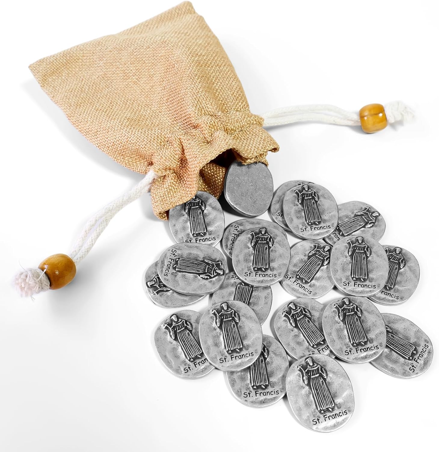 20 Pcs Small St. Francis Pocket Tokens (1 Inch) - Patron Saint of Animals Coins for Dog Collar Charms, Vet Rescue Gifts, Blessing of The Animals & Church Handouts (Antique Silver, Bulk)