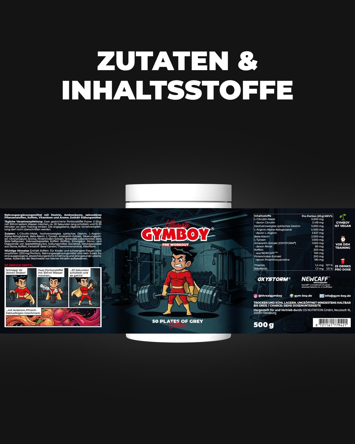 50 Plates of Grey Edition – Pre-Workout Drink – 5.000mg L-Citrullin Malat + 4.000mg Arginin AKG – 200mg Koffein – Mit NEWCAFF & OXYSTORM – Vegan – 500g (25 Portionen) (Pfirsich-Kaktusfeige)