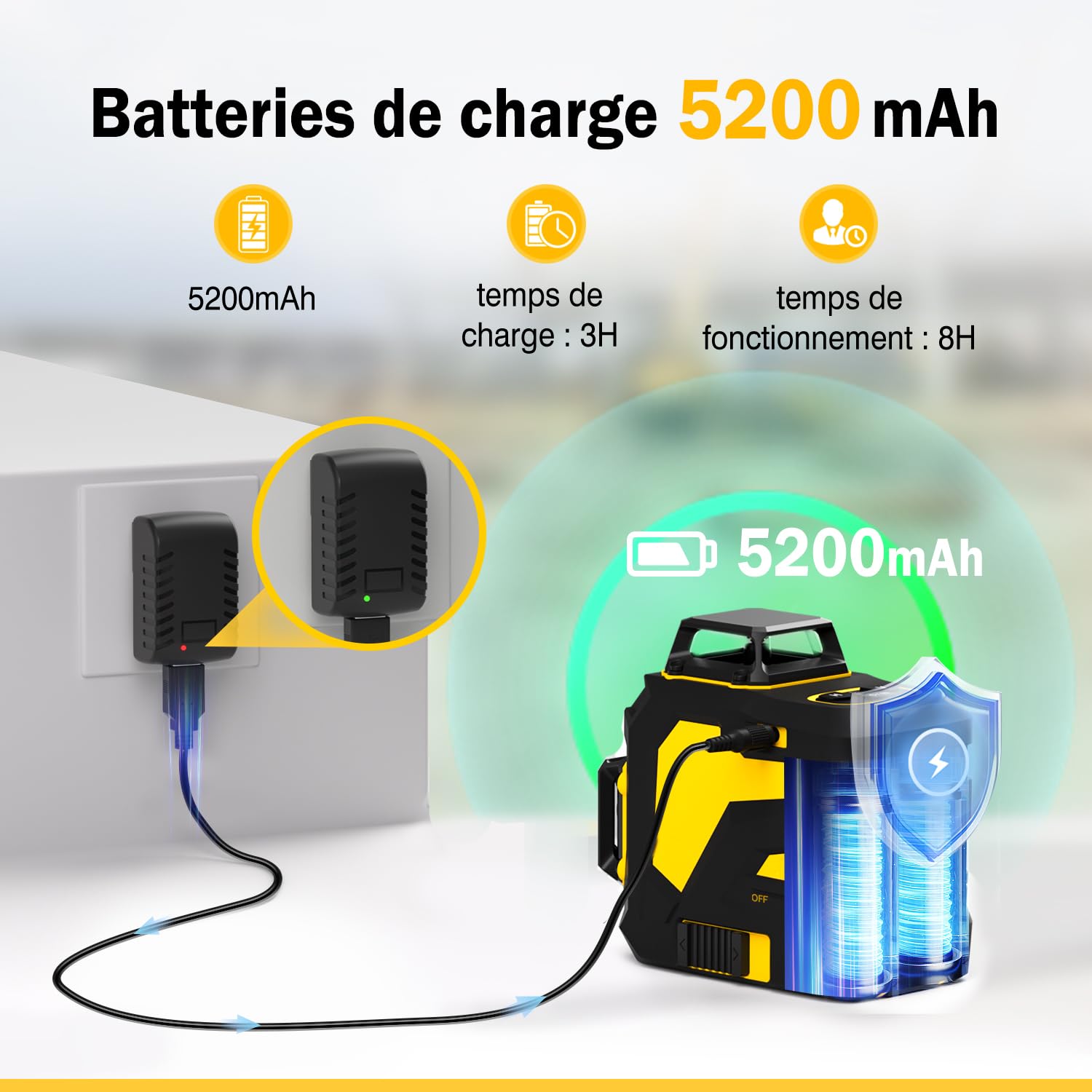 Niveau Laser mit répied，3x360°Laser Chantier Autonivelant vert 3D,rotatif avec 59.9inch trepied Réglable, 5200mAh Batterie Rechargeable