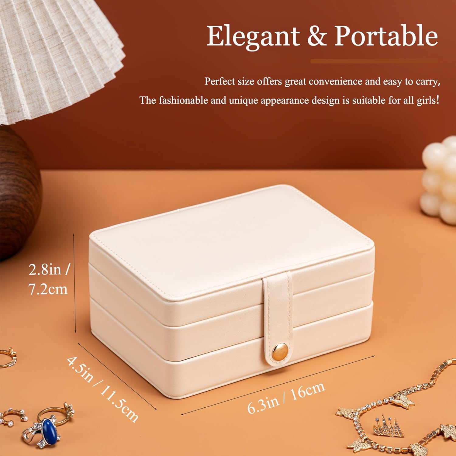 MODENGKONGJIAN Jewelry Organizer Box, 2-Layer Large Jewelry Storage Case, Portable Travel Jewelrys Display Holder for Earrings, Necklaces, Bracelets (Beige, PU Leather) - Image 4