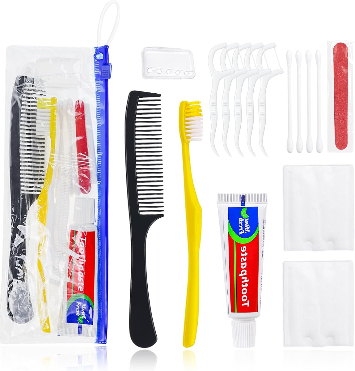Juego de 50 kits de higiene personal a granel, cepillos de dientes desechables con pasta de dientes | Equipo de artículos de tocador de viaje 7 en 1, paquete de atención para personas sin hogar, suministros a granel para organizaciones benéficas, invitados, hoteles, iglesias