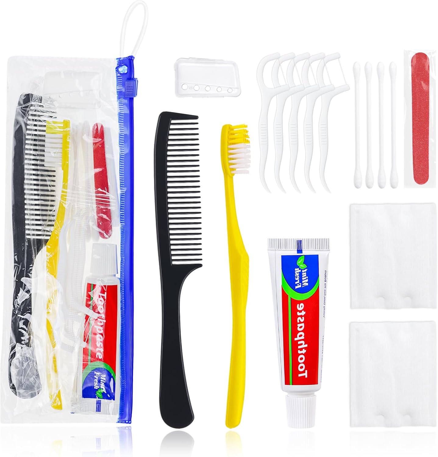 Personal Hygiene Kit Bulk Pack of 50,Yellow Disposable Toothbrushes with Toothpaste Floss Comb Cover and Hotel Vanity Set Basic Travel Toiletry Kit Supplies for Homeless,Charity,Guests